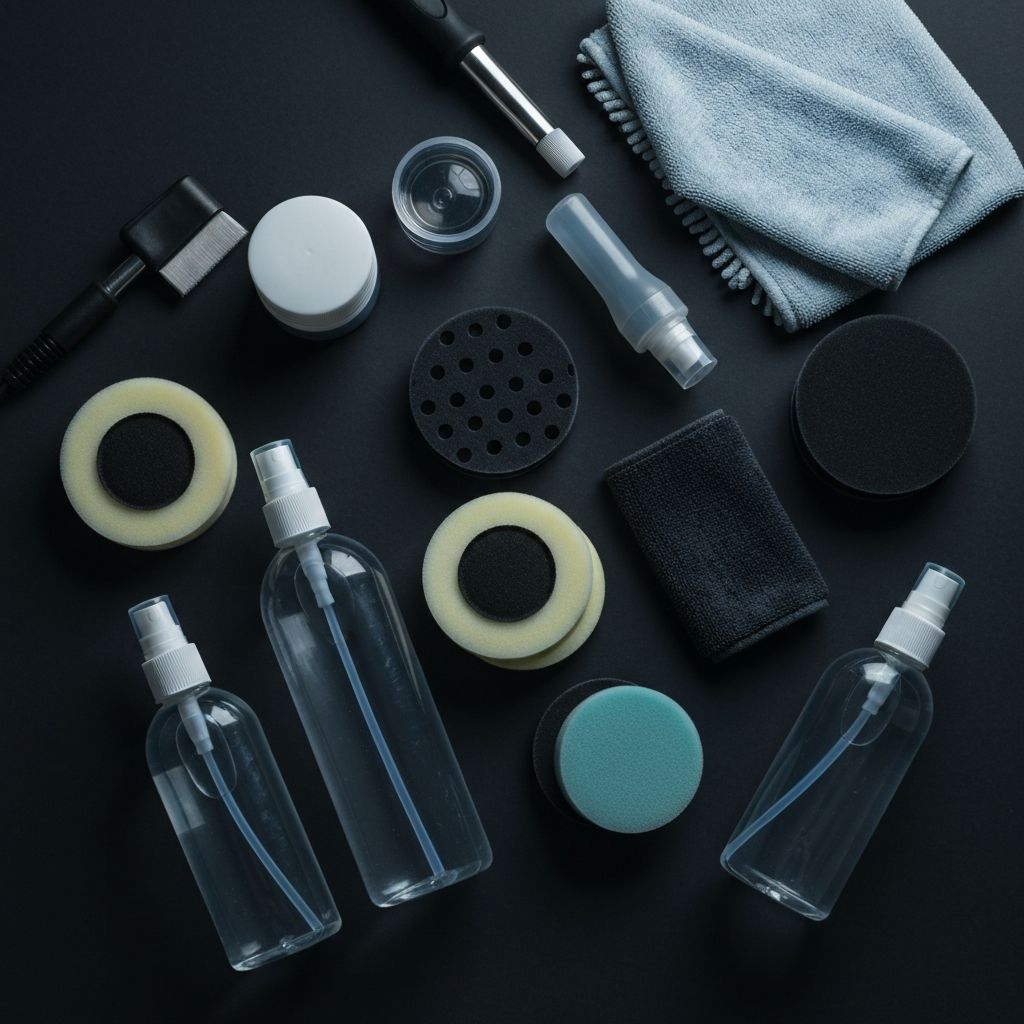 Professional automotive detailing tools and premium products arranged for detailing work
