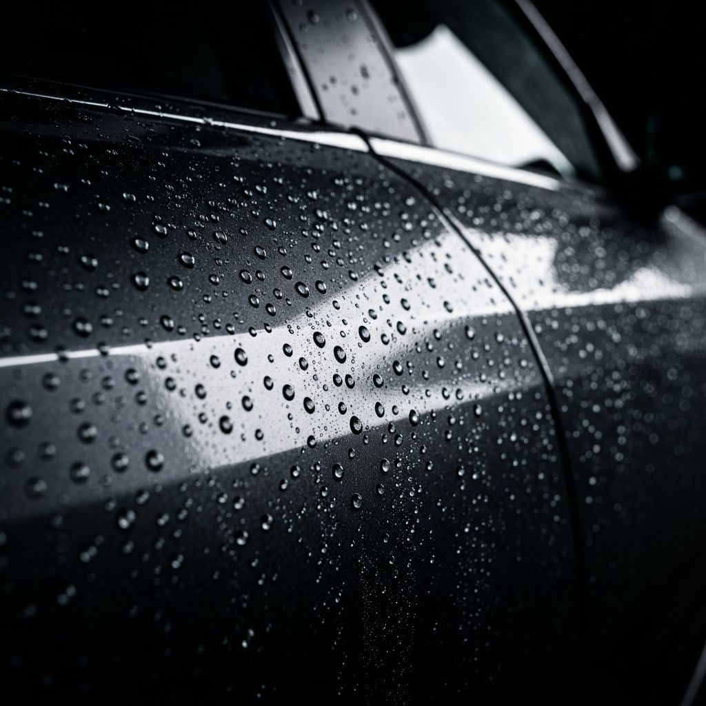 Water beading on ceramic coated car panel demonstrating hydrophobic protection
